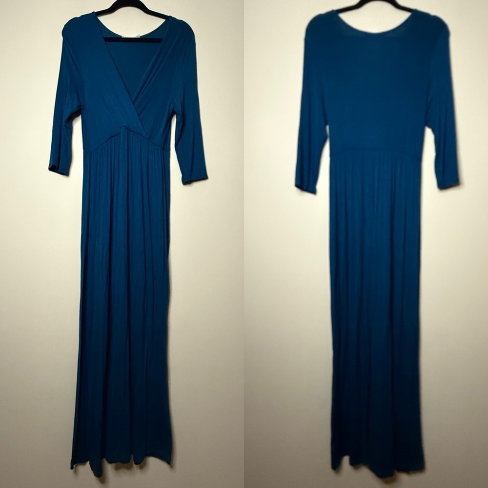 COCO USA Stretchy 3/4 Sleeve Surplice Top Modest Bump Friendly Blue Maxi Dress